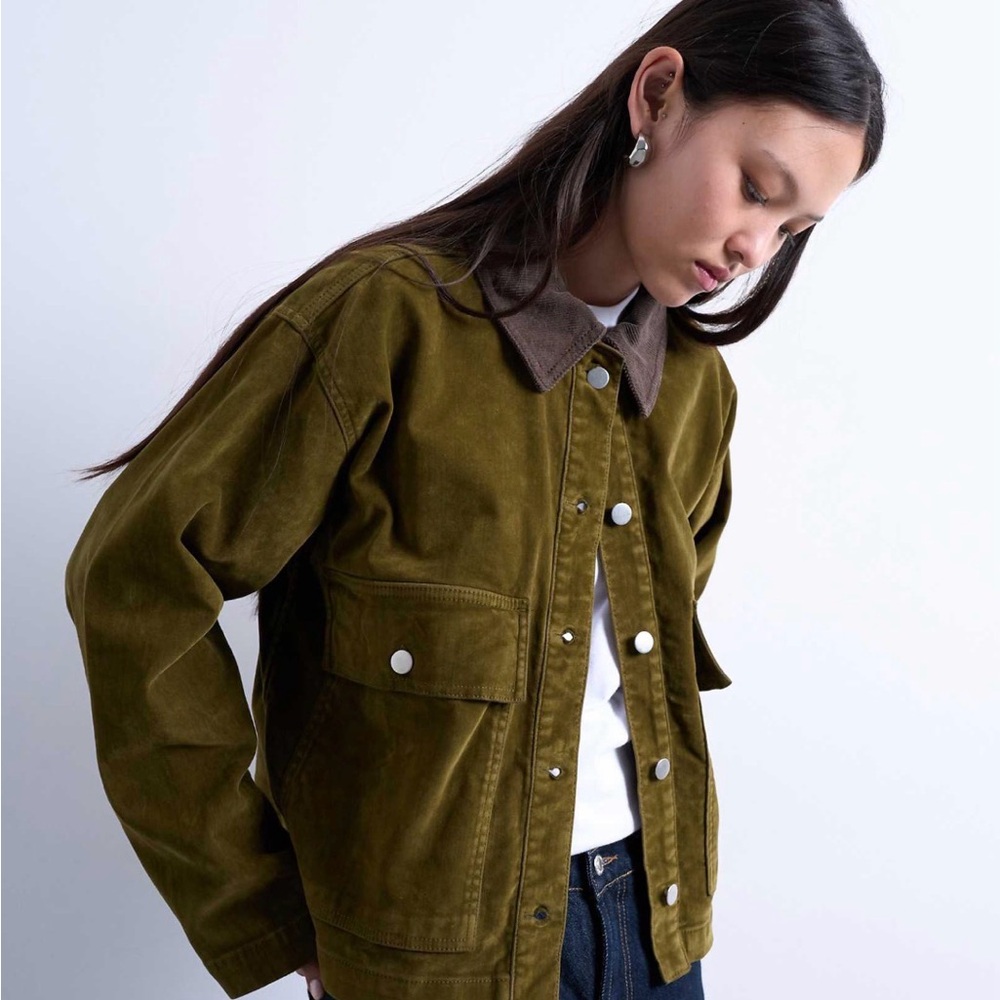 Topshop Olive Green Corduroy Utility Jacket with Brown Collar